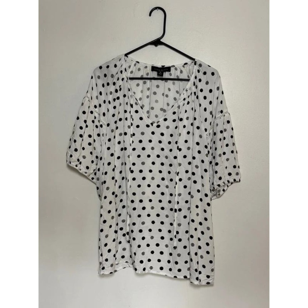 Como Black Woman Polka Dot Peasant Blouse White Black V-Neck Lace Trim Plus 3X